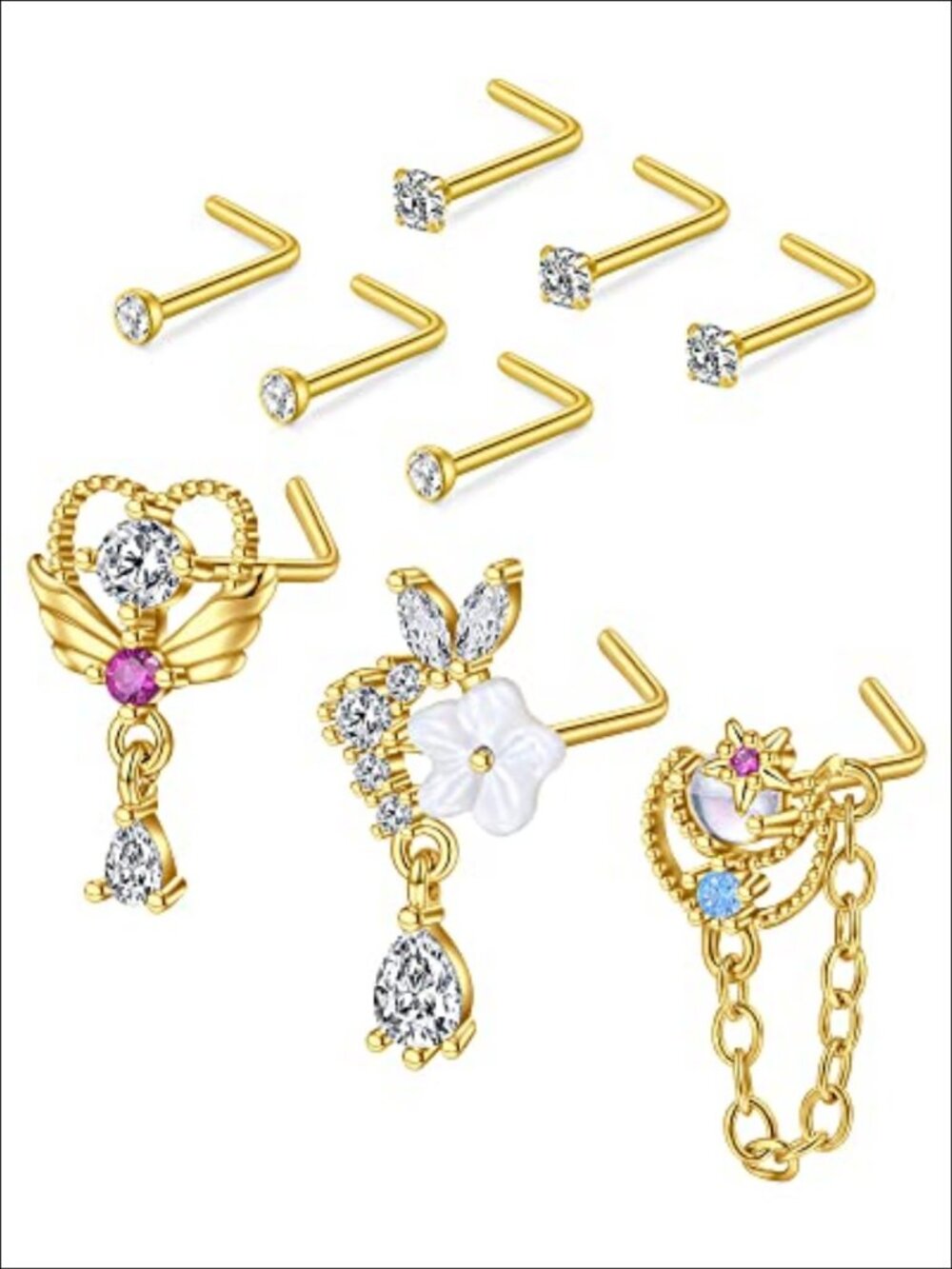 20G Stainless Steel Nose Rings Hoops Studs Flower Heart Diamond L-Shaped